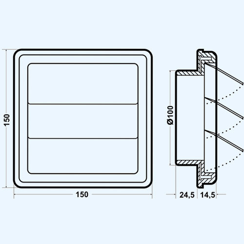 Решетка вытяжная с гравитационными жалюзи ERA 1515К10Ф 150х150 d100